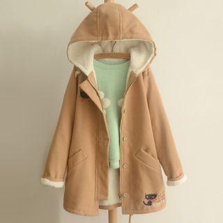 Cat Embroidery Fleece-lined Button-up Hooded Jacket