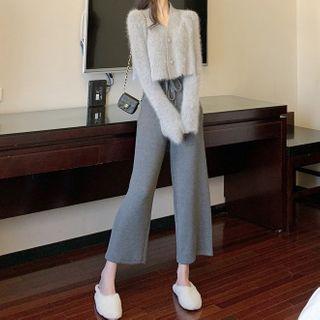 Set: Fluffy Cardigan + Wide-leg Knit Pants