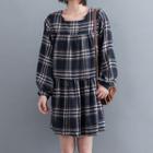 Plaid Long-sleeve Tiered Mini A-line Dress