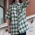 Elbow-sleeve Plaid Shirt Plaid - Vintage Green - One Size