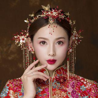 Wedding Set: Embellished Branches Tiara + Fringed Hair Stick + Fringed Earring + Hair Clip Tiara & Hair Stick & Earring & Hair Clip - As Shown In Figure - One Size