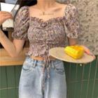 Floral Print Drawstring Puff-sleeve Cropped Blouse Floral - One Size