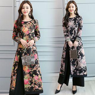 Set: Floral Print Long-sleeve Slit Midi Dress + Wide-leg Pants