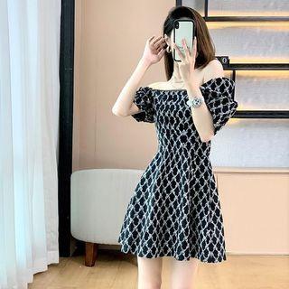 Puff-sleeve Off-shoulder Patterned Mini A-line Dress