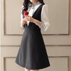 Set: Frill Trim Chiffon Blouse + V-neck Pinafore Dress