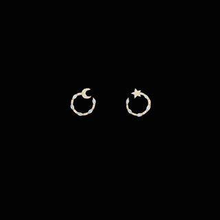 Moon & Star Rhinestone Earring 1 Pair - S925 Silver - Earrings - White & Gold - One Size