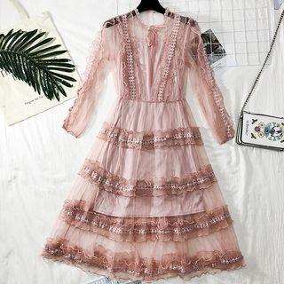 Tie-neckline Ruffled-trim Sheer A-line Dress With Slipdress