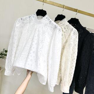 Long-sleeve Stand Collar Lace Crochet Blouse