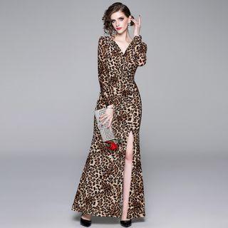Leopard Print Long-sleeve Slit Maxi Sheath Dress