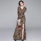 Leopard Print Long-sleeve Slit Maxi Sheath Dress