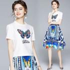 Set: Butterfly Print T-shirt + Print Skirt