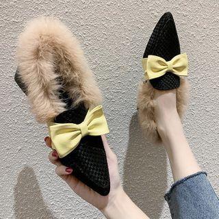 Block Heel Faux Fur Trim Bow Pumps