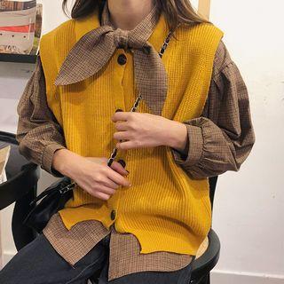 Knit Vest / Plaid Bow Blouse
