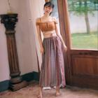 Set: Lace-up Cold-shoulder Swim Top + Bottom + Striped Maxi Skirt