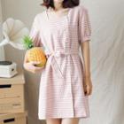 Plaid Short-sleeve Square Neck Buttoned Dress With Sash