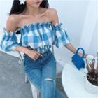 Off-shoulder Ruffled Plaid Top Blue - One Size