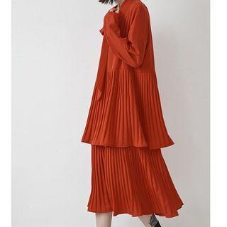 Long-sleeve Accordion Pleat Layered Midi A-line Dress