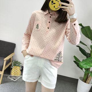 Long-sleeve Embroidery Polka Dot Polo Shirt