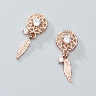 925 Sterling Silver Rhinestone Feather Dangle Earring
