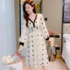 Long-sleeve V-neck Lace Panel Dotted A-line Dress