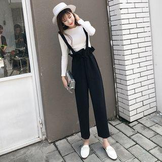 Long-sleeve Knit Top / Straight Cut Suspender Pants / Set