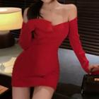 Square-neck Ribbed Knit Dress Red - One Size