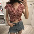 Short-sleeve Distressed Plaid Cropped Top