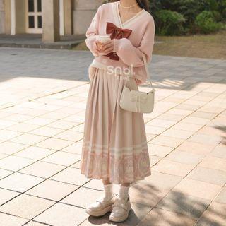 V-neck Embroidered Sweater / Bow / Print Pleated Midi A-line Skirt