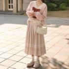 V-neck Embroidered Sweater / Bow / Print Pleated Midi A-line Skirt