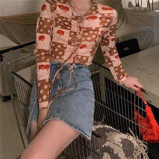 Long-sleeve Cherry Print Drawstring T-shirt