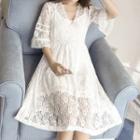 Elbow-sleeve Lace A-line Dress White - One Size