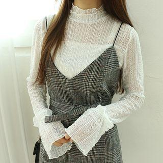 Mock-neck Sheer-panel Lace Top