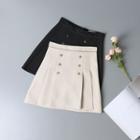 Button Pleated Mini A-line Skirt