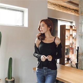 Set: Rib-knit Cardigan + Camisole Top