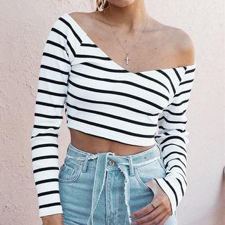 Stripe Off Shoulder Long Sleeve Top