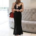 Set: Tie-neck Blouse + Lace Panel Spaghetti Strap Dress