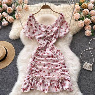 Drawstring Ruched Floral Chiffon Dress
