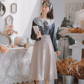 Lace Collar Blouse / Midi A-line Skirt / Set