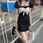 Short-sleeve Square-neck Contrast Bow Frill Trim Mini Sheath Dress Black - M