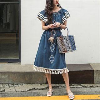 Off-shoulder Tasseled Patterned Midi Dress With Sash