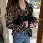 Set: Flower Print Blouse + Cropped Crochet Knit Camisole