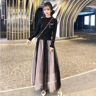 Mock Two-piece Mesh Panel Long-sleeve Maxi Dress Black - One Size