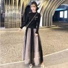 Mock Two-piece Mesh Panel Long-sleeve Maxi Dress Black - One Size