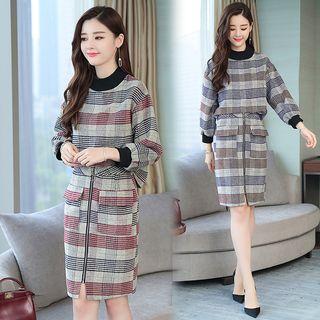 Set: Plaid Pullover + Plaid Zip-front Straight-fit Skirt