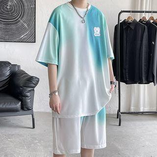 Set: Elbow-sleeve Gradient T-shirt + Wide Leg Shorts