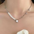 Faux Pearl Panel Cat Eye Stone Heart Necklace White Faux Pearl - Silver - One Size