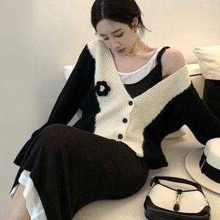 Two-tone Cardigan / Spaghetti Strap Midi Sheath Dress / Set