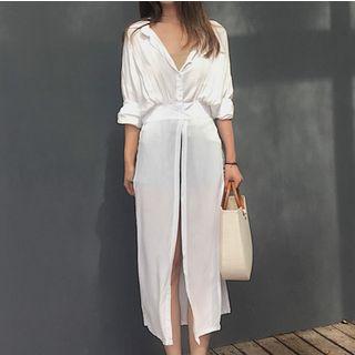 Plain Elbow Sleeve Slit Hem Long Shirt