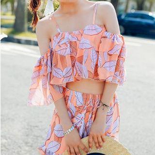 Set: Leaf Print Cold-shoulder Bikini + Shorts