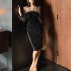 Elbow-sleeve Mesh Velvet Dress